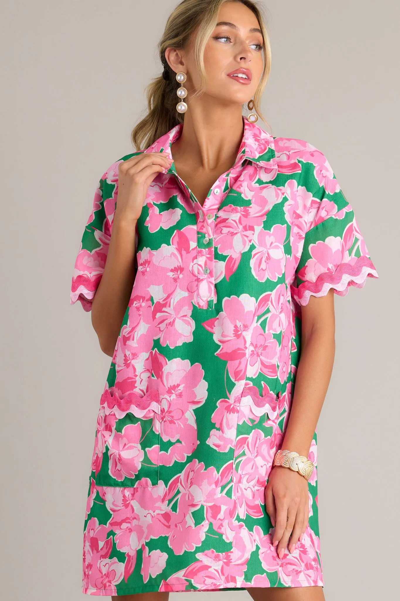 Seaside Serenity Green Multi Floral Mini Shirt Dress