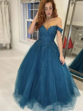 Shiny Off Shoulder Blue Lace Long Prom, Sparkly Blue Lace Formal Evening