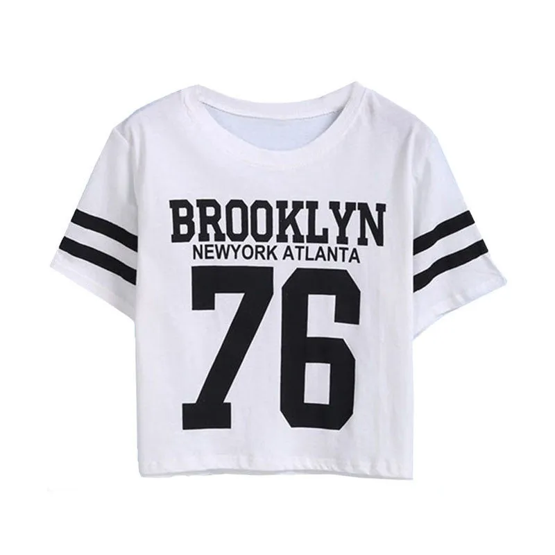 Summer Cropped Top Female BROOKLYN 76 Print Number Top Casual Short Sleeve Letters Print Monogrammed Crop T-Shirt