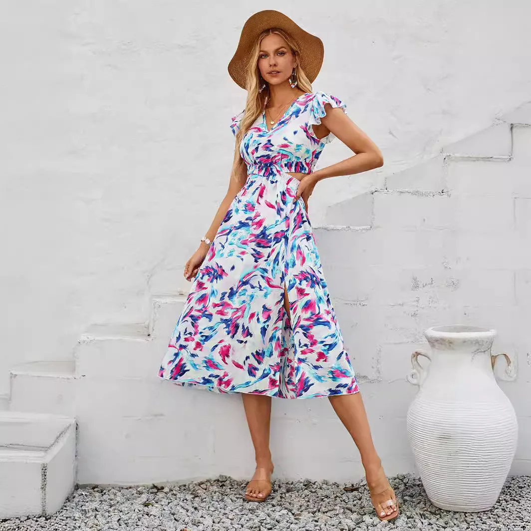 Summer Fashion Printed V-Neck Flutter Sleeve Hollow Out Maxi Dress