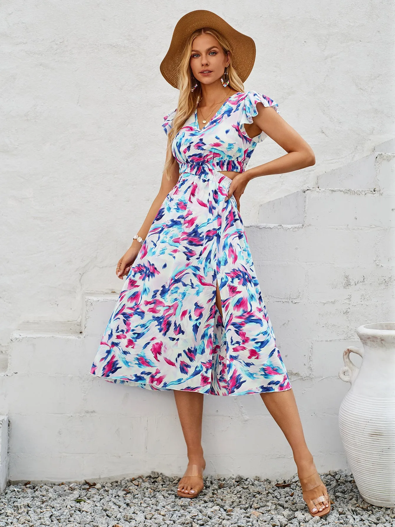 Summer Fashion Printed V-Neck Flutter Sleeve Hollow Out Maxi Dress