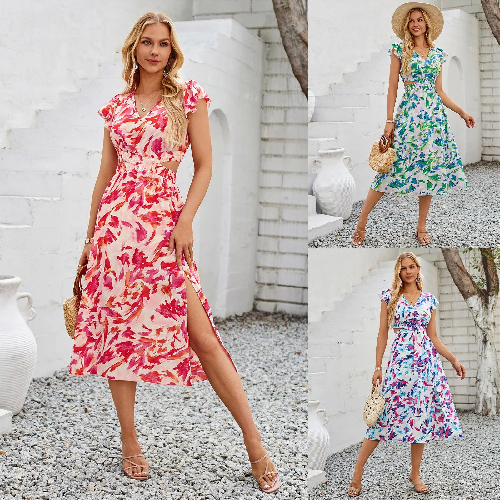 Summer Fashion Printed V-Neck Flutter Sleeve Hollow Out Maxi Dress