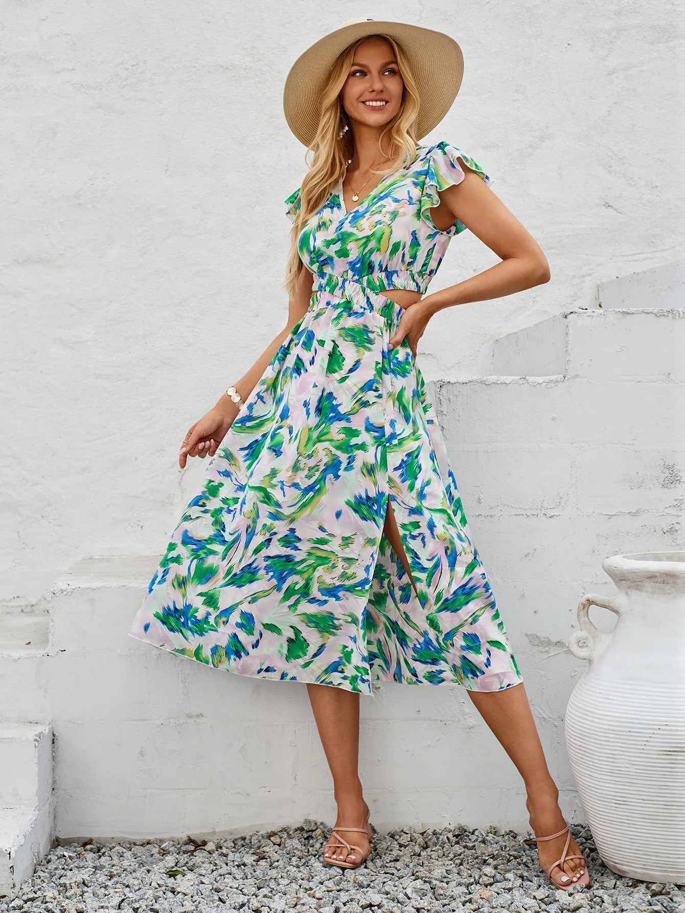 Summer Fashion Printed V-Neck Flutter Sleeve Hollow Out Maxi Dress