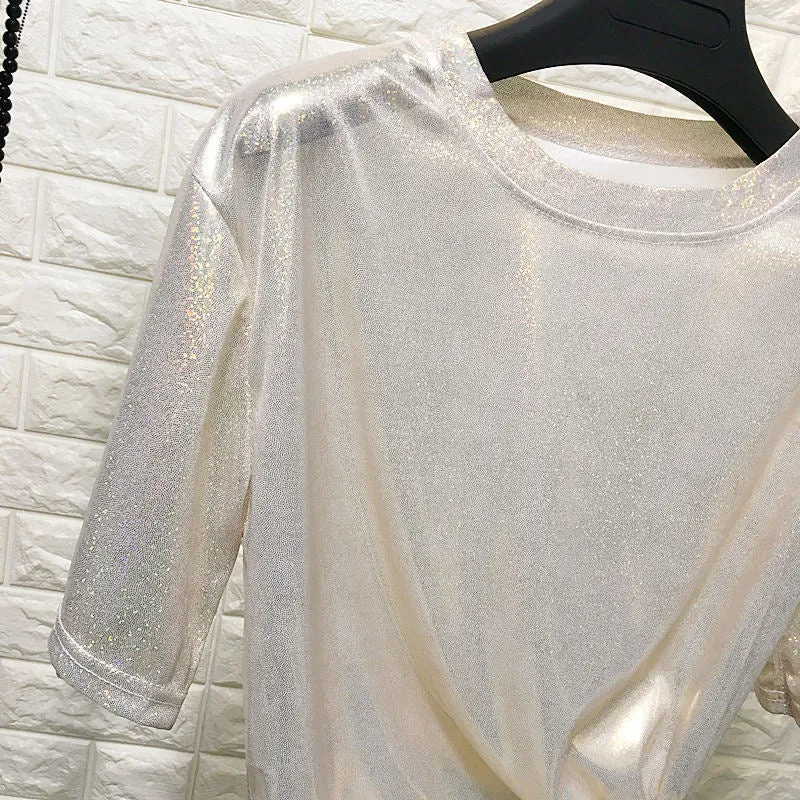 Summer Retro Shiny O-neck Loose Short-sleeve Solid Color T-Shirt For Female