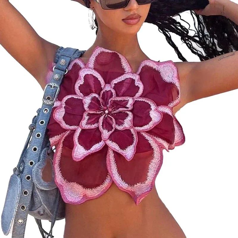 Territory 3D Lace Flower Crop Tops Women Sleeveless Short Vest Elegant Fashion Strapless Tube Bandeau Vest High Street Backless Clothes