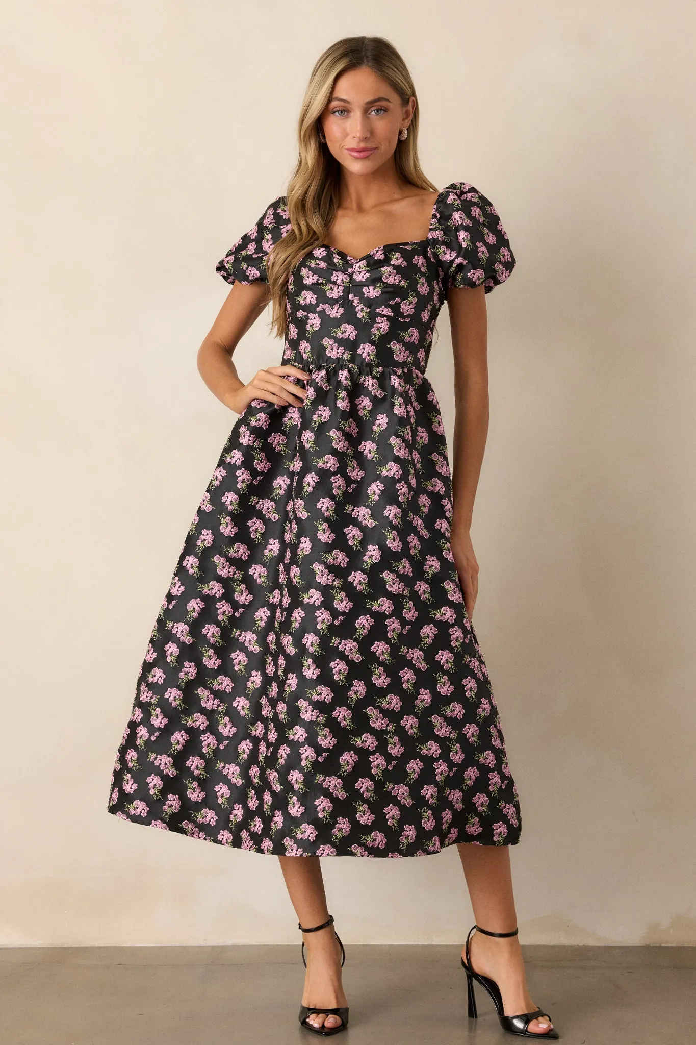 Time Flies Black Floral Jacquard Puff Sleeve Midi Dress