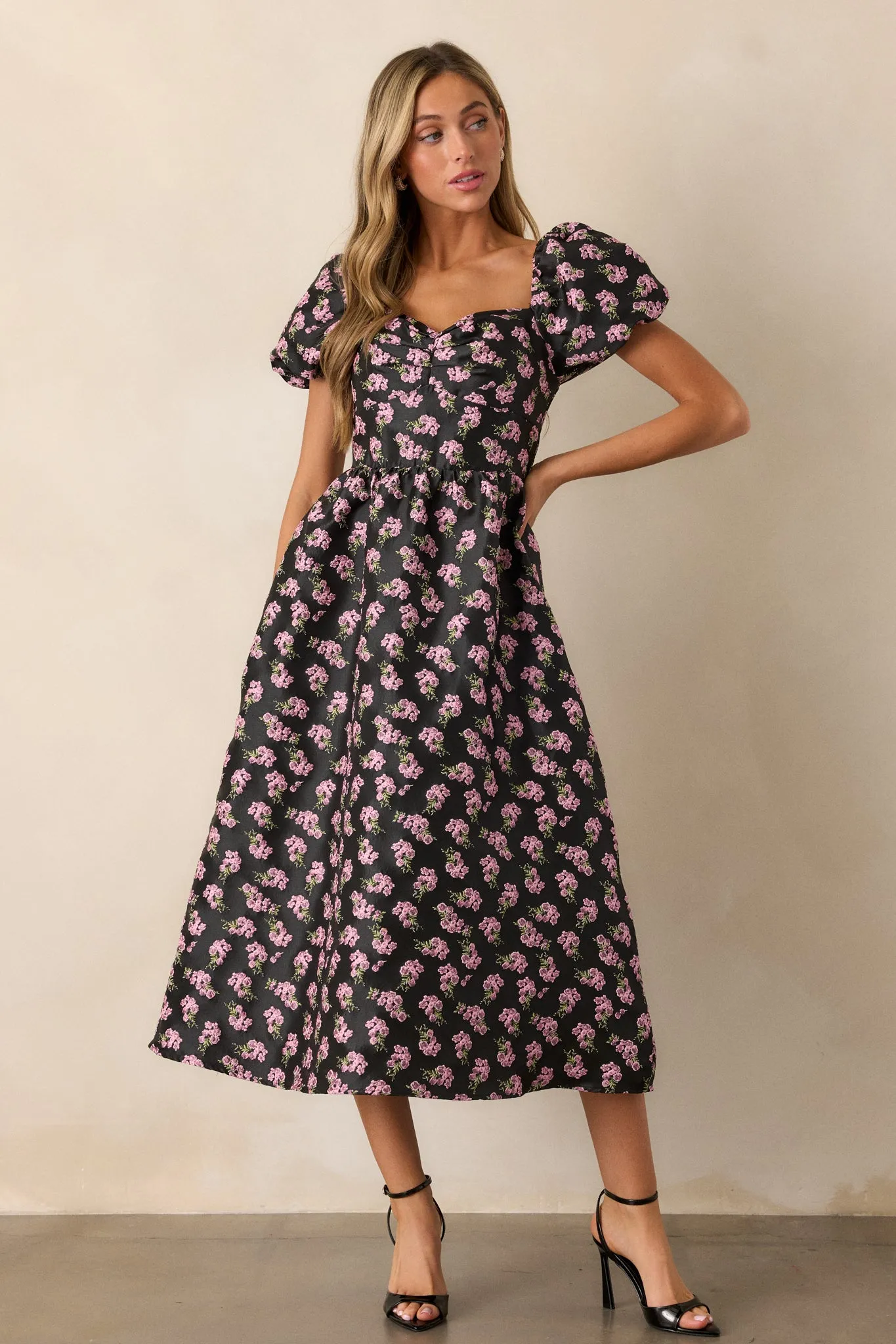 Time Flies Black Floral Jacquard Puff Sleeve Midi Dress