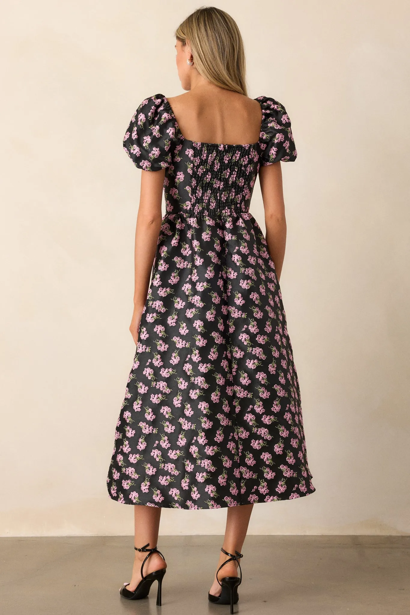 Time Flies Black Floral Jacquard Puff Sleeve Midi Dress