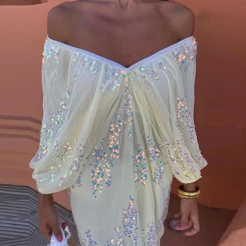 Uniwim Elegant Off Shoulder Batwing Sleeve Sequins Dress Women Loose Deep-V Cocktails Party Dress Spring Sexy Runway Banquet Dress