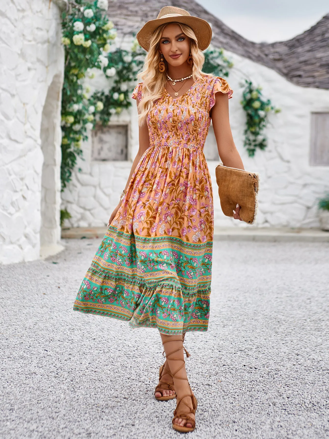 V-neck Bohemian Style Maxi Dress