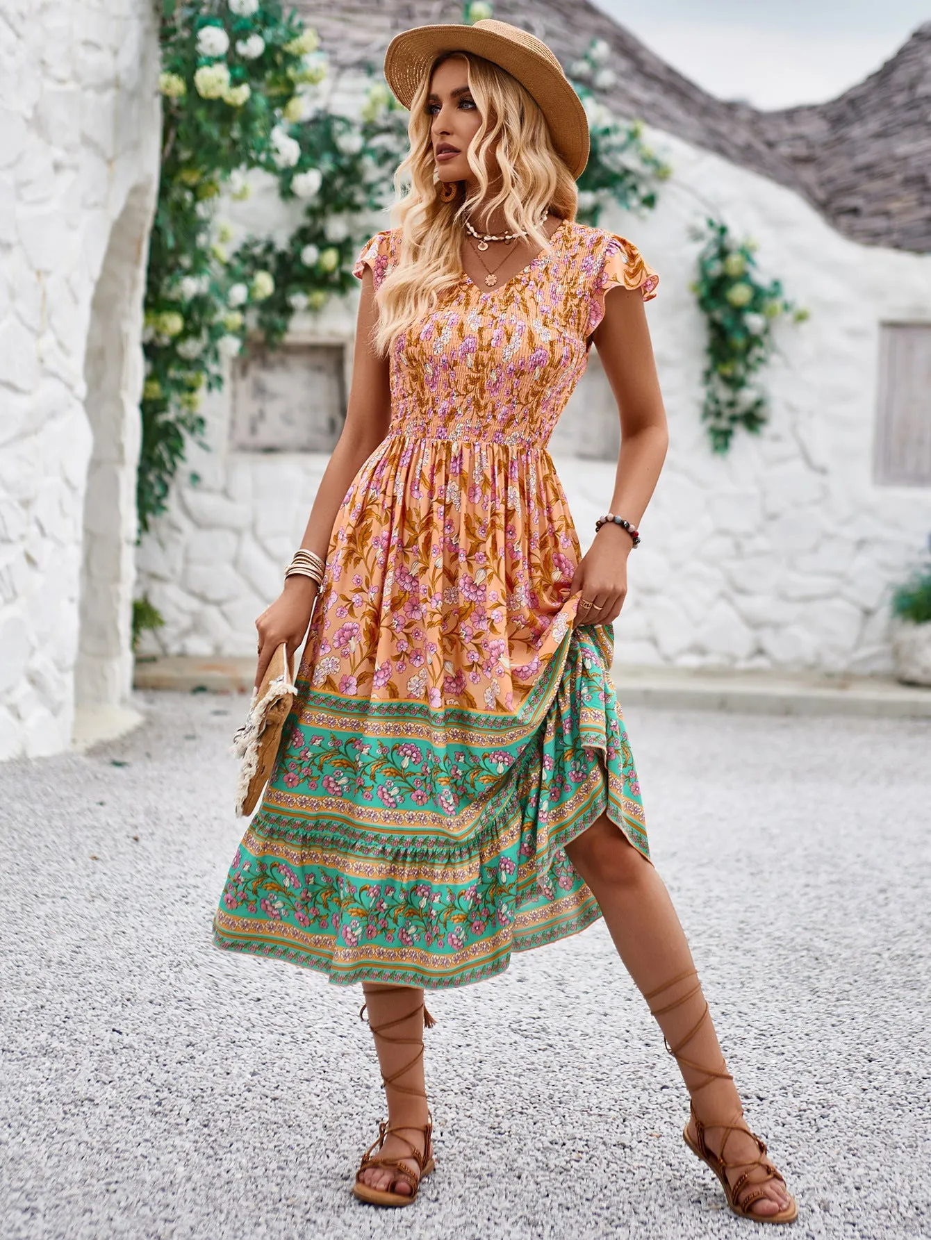 V-neck Bohemian Style Maxi Dress