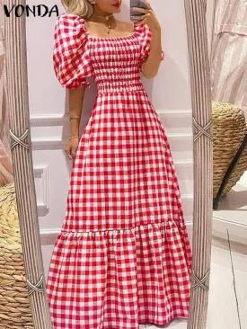 VONDA Summer Sundress Bohemian Long Maxi Dress 2023 Women Short Puff Sleeve Plaid Casual Sexy Square Collar Party Beach Robe