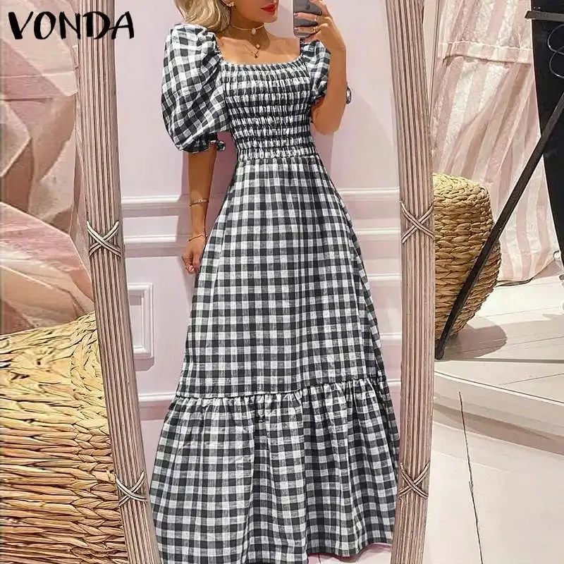 VONDA Summer Sundress Bohemian Long Maxi Dress 2023 Women Short Puff Sleeve Plaid Casual Sexy Square Collar Party Beach Robe