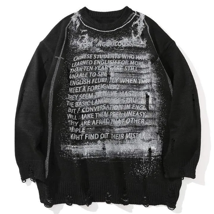 WLS Letter Full Printed Ripped Retro Sweater