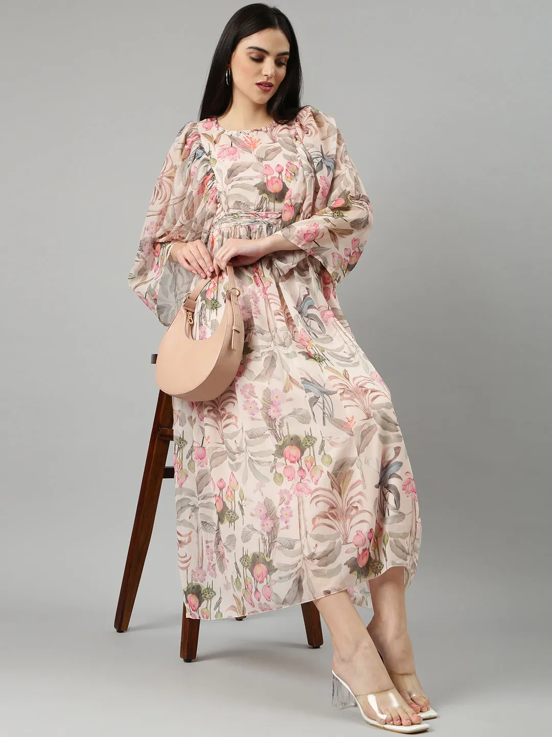 Women Cream Floral Maxi Dress