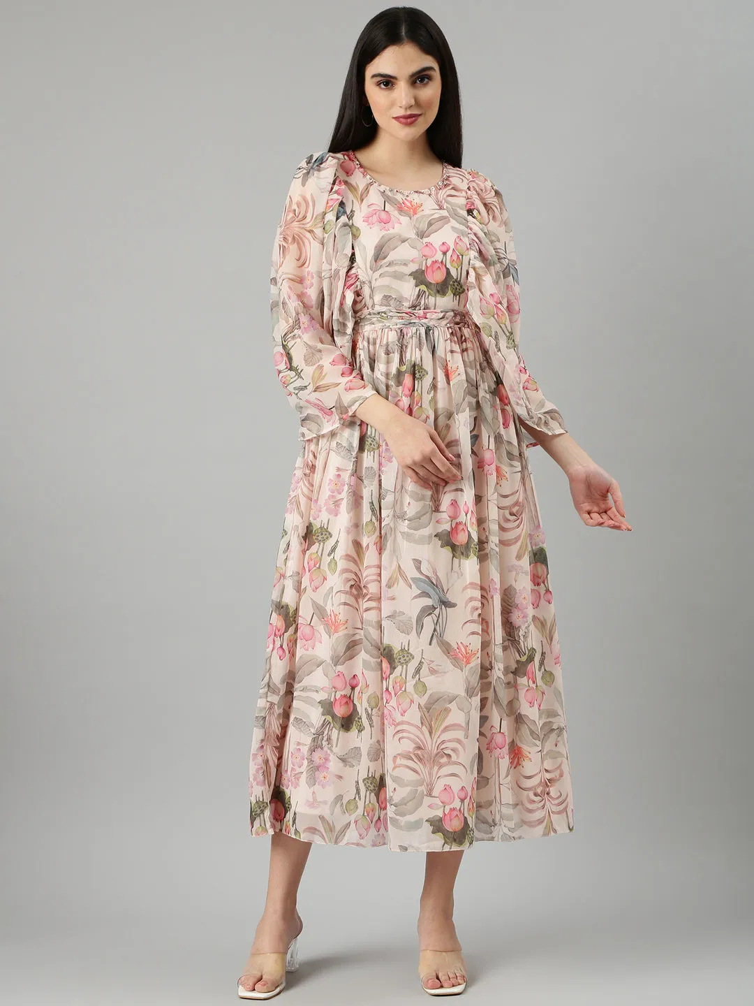 Women Cream Floral Maxi Dress