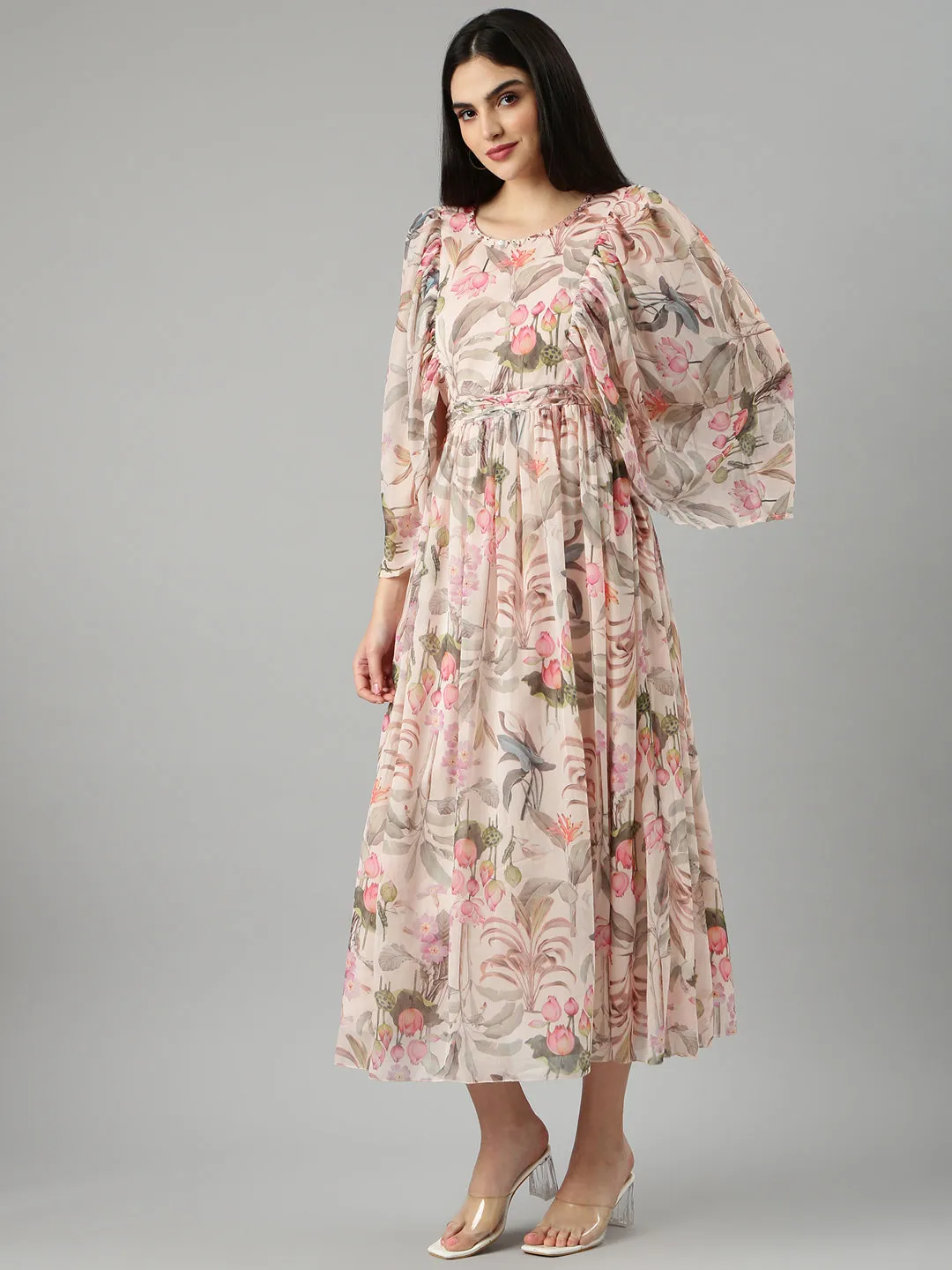 Women Cream Floral Maxi Dress