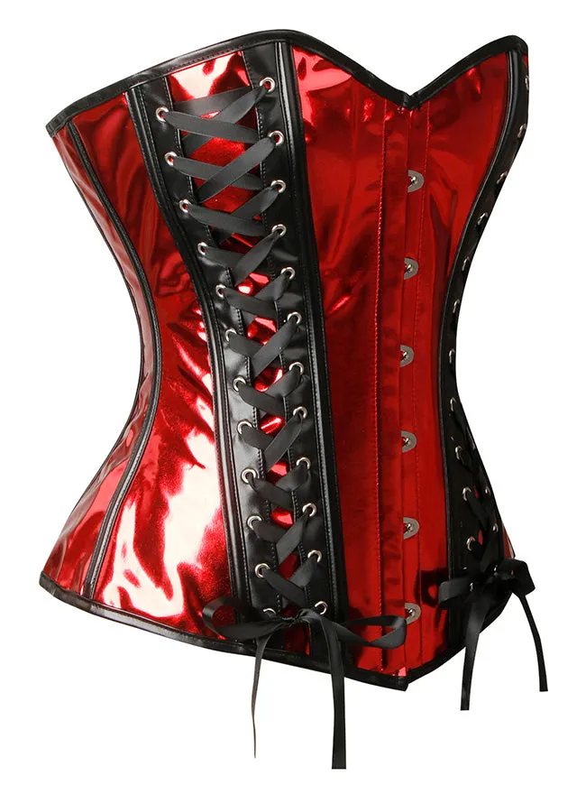 Women Gothic Punk PU Leather Metallic Ruffle Strappy Overbust Strapless Corset