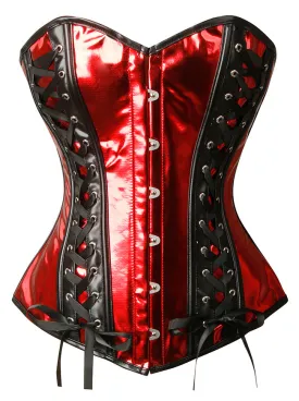 Women Gothic Punk PU Leather Metallic Ruffle Strappy Overbust Strapless Corset