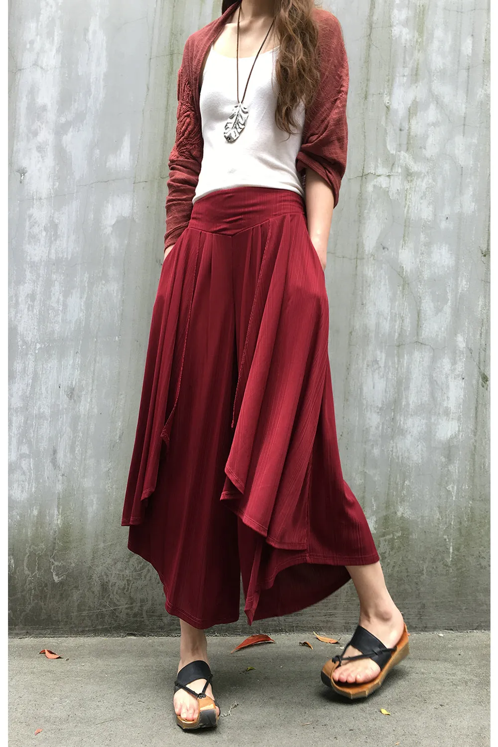 Women's pleated skirt pants/yoga skirt pants/oversized pants/elastic waist pants/asymmetrical trousers (K1661)